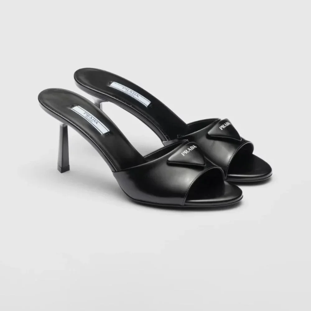 Prada Prada Black Brushed Leather Padded Logo 75mm Open Toe Sandal Mule size 38